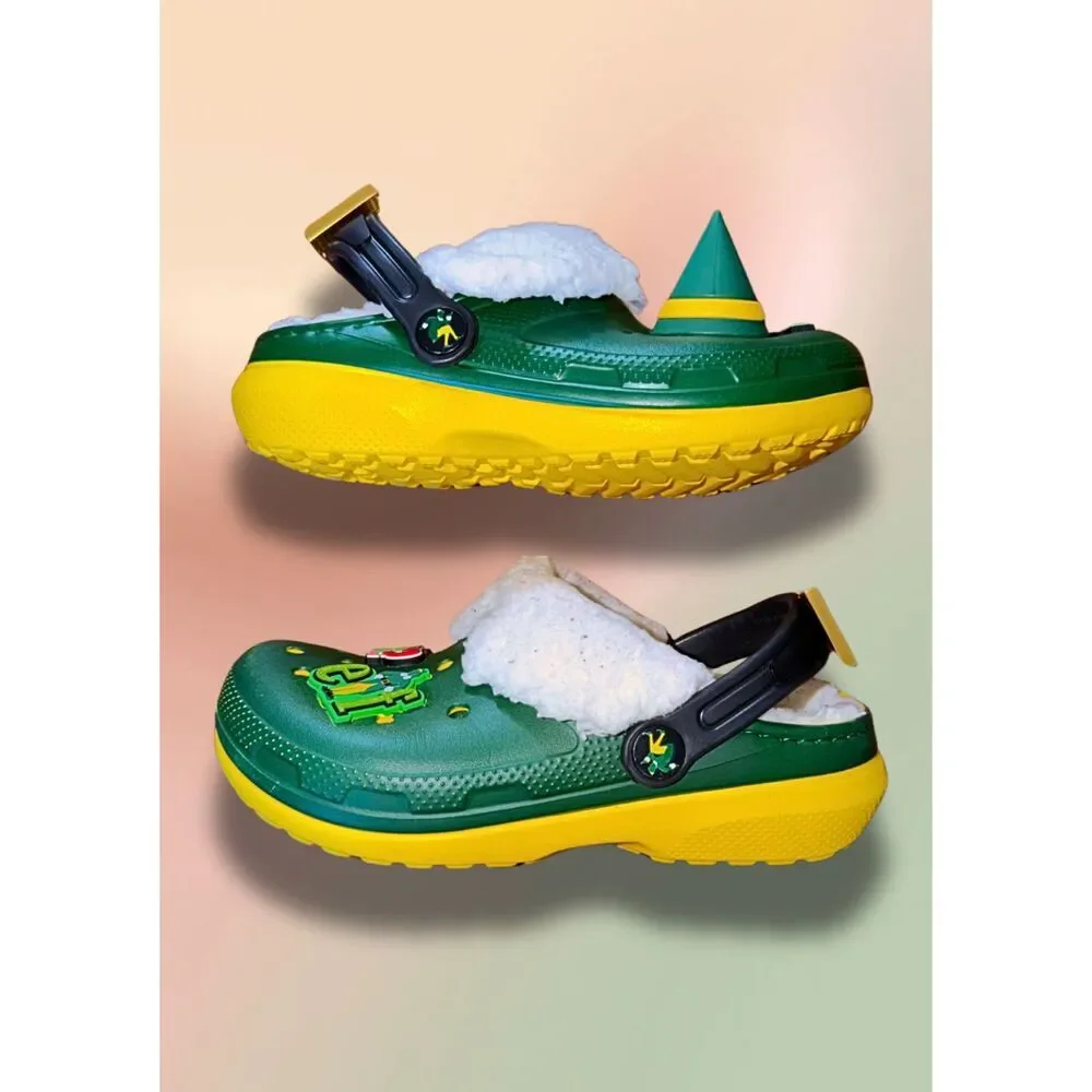 Crocs Classic Lined Elf Holiday Clogs Kids C13 Green Christmas Jibbitz